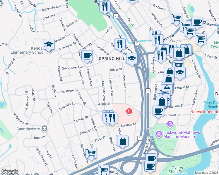 map of restaurants, bars, coffee shops, grocery stores, and more near 76 Magnolia Avenue in Norwalk