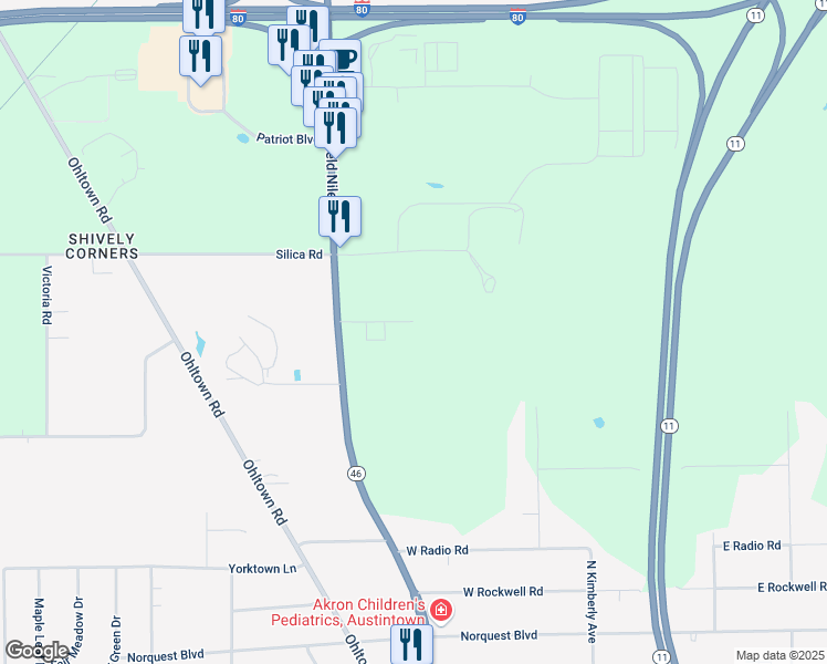 map of restaurants, bars, coffee shops, grocery stores, and more near 603 North Canfield Niles Road in Youngstown