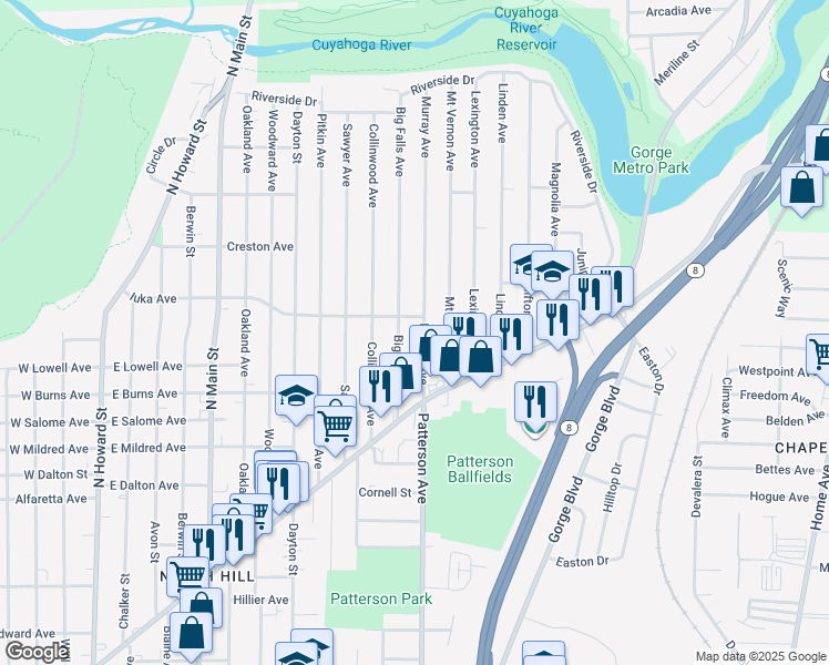 map of restaurants, bars, coffee shops, grocery stores, and more near 1088 Murray Avenue in Akron