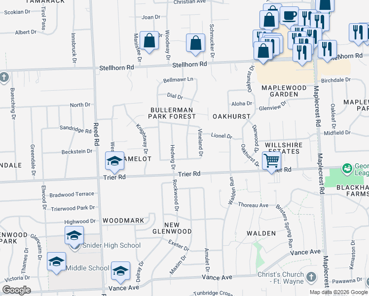map of restaurants, bars, coffee shops, grocery stores, and more near 4010 Thorton Drive in Fort Wayne