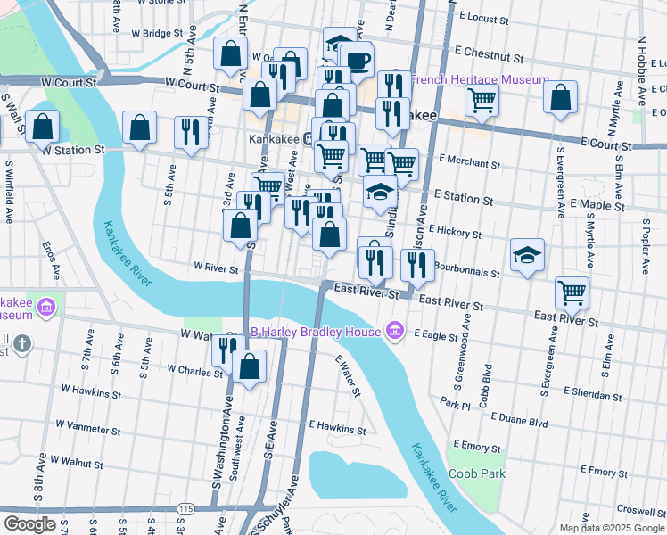 map of restaurants, bars, coffee shops, grocery stores, and more near 264 East Bourbonnais Street in Kankakee