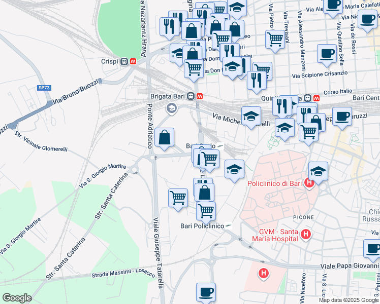 map of restaurants, bars, coffee shops, grocery stores, and more near 35 Viale Louis Pasteur. in Bari