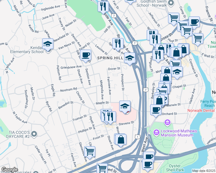 map of restaurants, bars, coffee shops, grocery stores, and more near 76 Magnolia Avenue in Norwalk