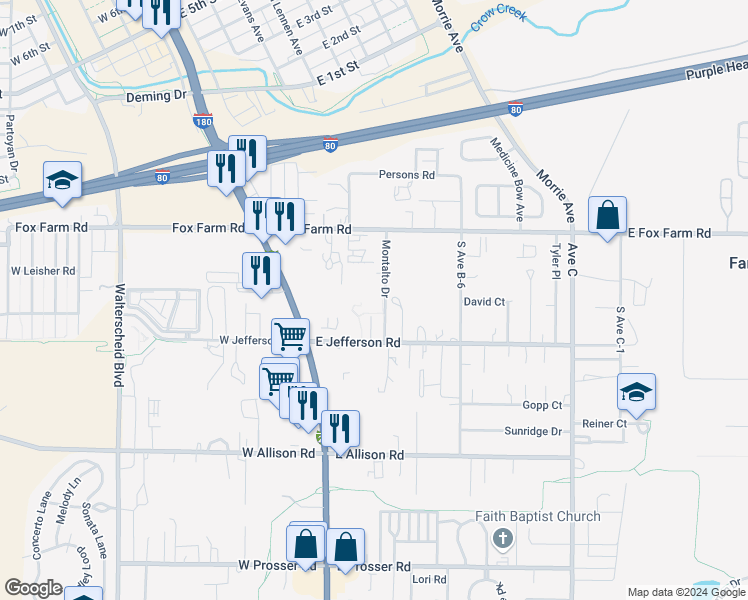 map of restaurants, bars, coffee shops, grocery stores, and more near 310 Montalto Drive in Cheyenne