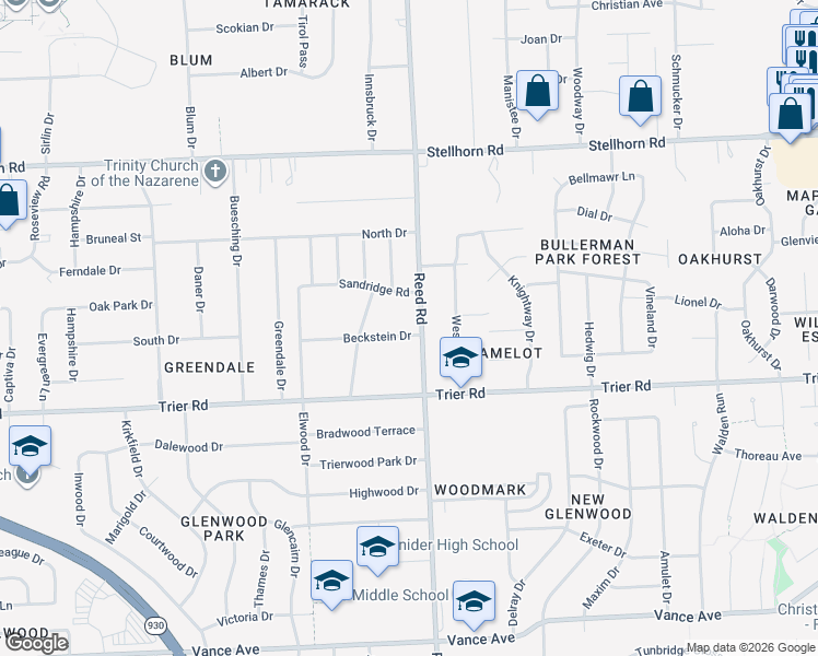 map of restaurants, bars, coffee shops, grocery stores, and more near 4646 Sandridge Road in Fort Wayne