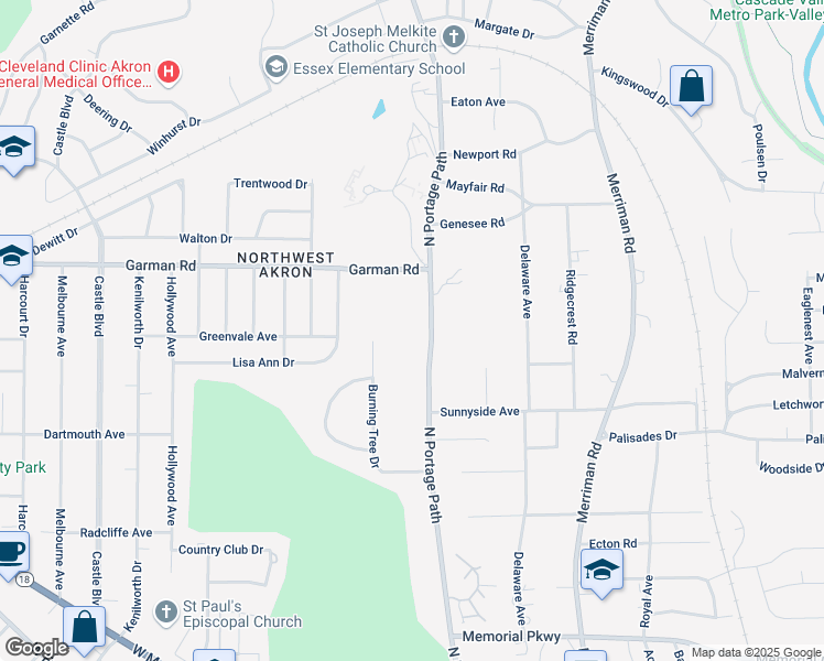 map of restaurants, bars, coffee shops, grocery stores, and more near 666 North Portage Path in Akron