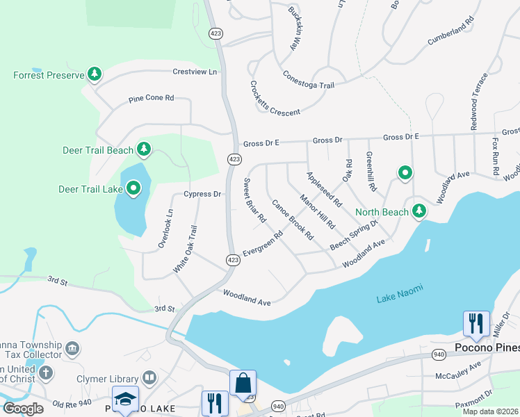 map of restaurants, bars, coffee shops, grocery stores, and more near 31 Sweet Briar Road in Pocono Pines