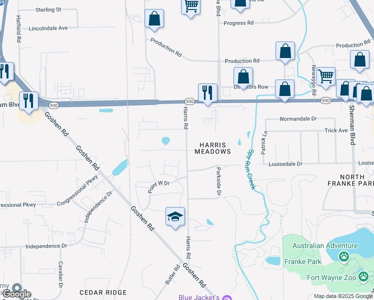 map of restaurants, bars, coffee shops, grocery stores, and more near Versailles Village Place in Fort Wayne