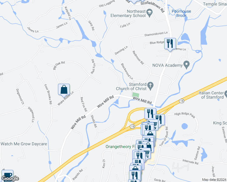 map of restaurants, bars, coffee shops, grocery stores, and more near 504 Wire Mill Road in Stamford