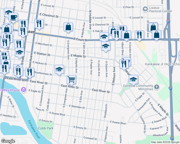 map of restaurants, bars, coffee shops, grocery stores, and more near 404 South Elm Avenue in Kankakee