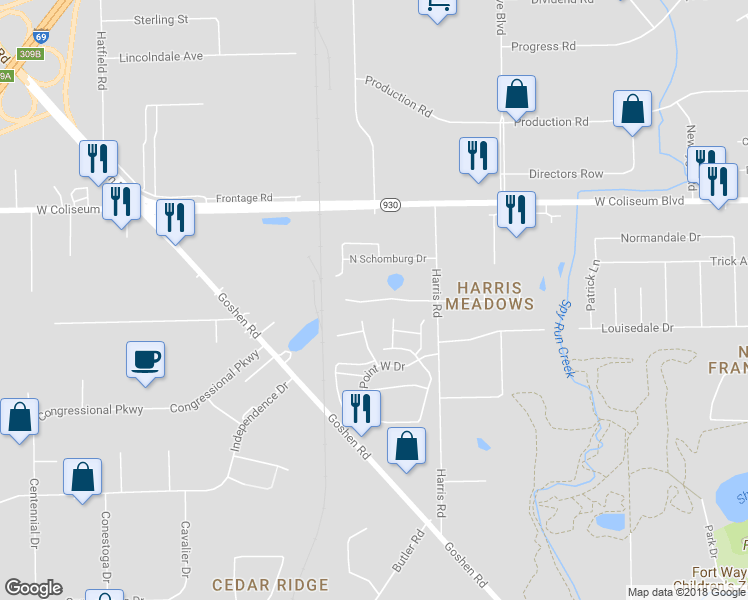 map of restaurants, bars, coffee shops, grocery stores, and more near 2226 Versailles Village Place in Fort Wayne
