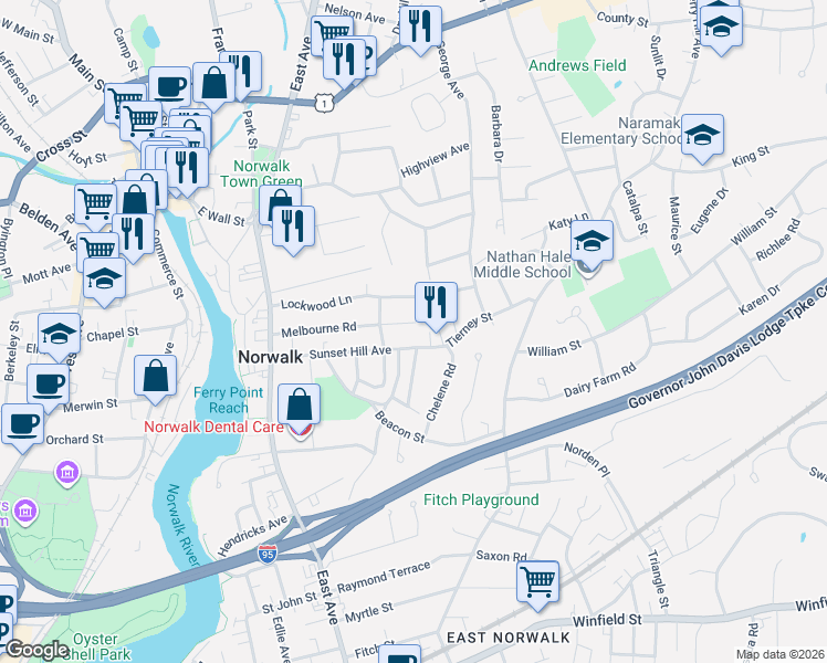 map of restaurants, bars, coffee shops, grocery stores, and more near 63 Melbourne Road in Norwalk