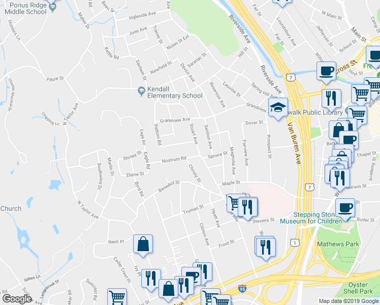map of restaurants, bars, coffee shops, grocery stores, and more near 9 Pettom Road in Norwalk