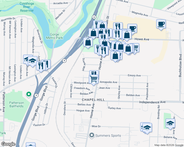 map of restaurants, bars, coffee shops, grocery stores, and more near 669 Ocean Avenue in Akron