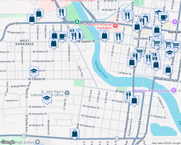 map of restaurants, bars, coffee shops, grocery stores, and more near 620 South Wall Street in Kankakee
