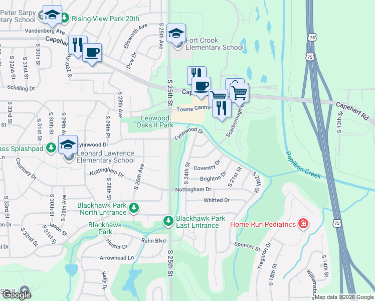 map of restaurants, bars, coffee shops, grocery stores, and more near 13102 South 24th Street in Bellevue