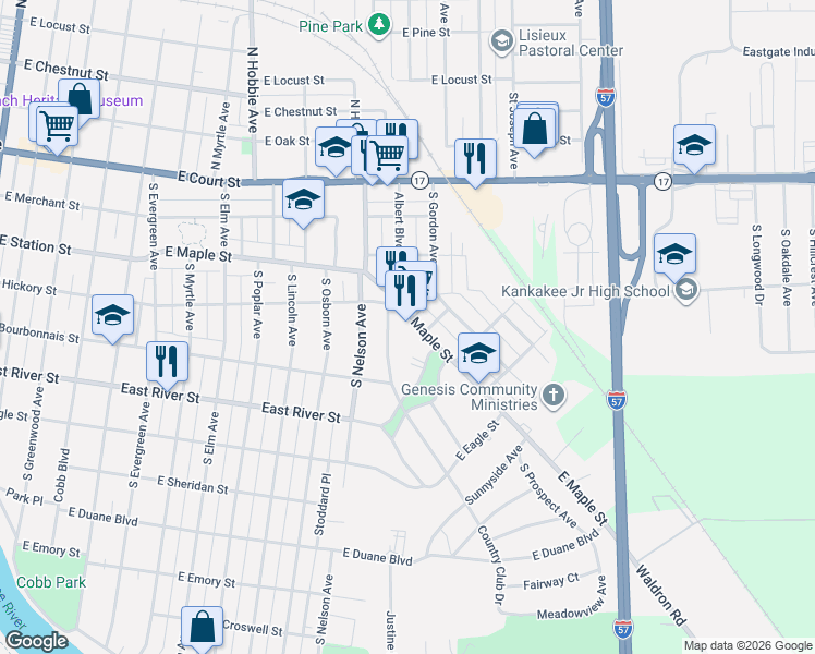 map of restaurants, bars, coffee shops, grocery stores, and more near 1735 East Maple Street in Kankakee