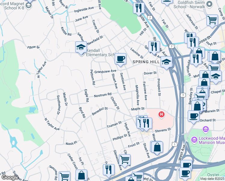 map of restaurants, bars, coffee shops, grocery stores, and more near 9 Pettom Road in Norwalk