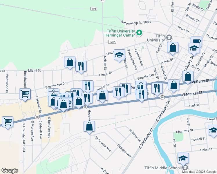 map of restaurants, bars, coffee shops, grocery stores, and more near 278 Wentz Street in Tiffin