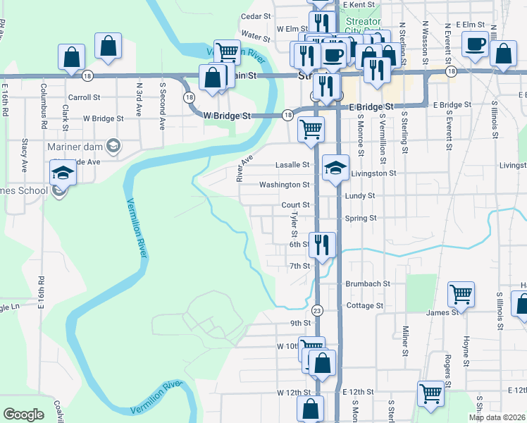 map of restaurants, bars, coffee shops, grocery stores, and more near 310 Court Street in Streator
