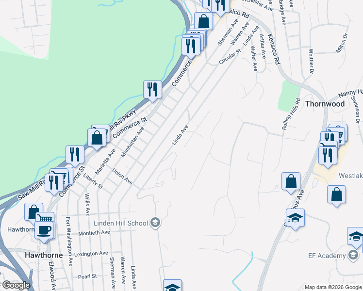 map of restaurants, bars, coffee shops, grocery stores, and more near 657 Belleview Avenue in Thornwood