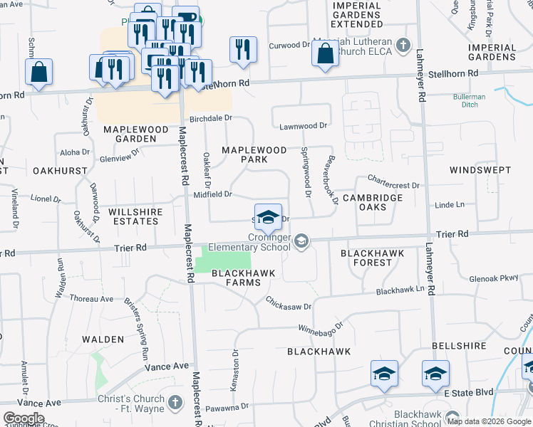 map of restaurants, bars, coffee shops, grocery stores, and more near 6638-6704 Midfield Drive in Fort Wayne