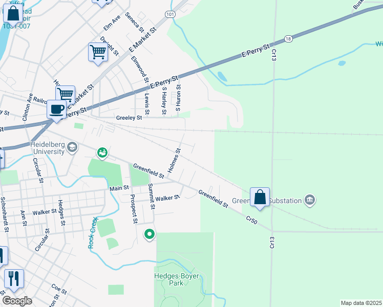 map of restaurants, bars, coffee shops, grocery stores, and more near 2 Crayon Street in Tiffin