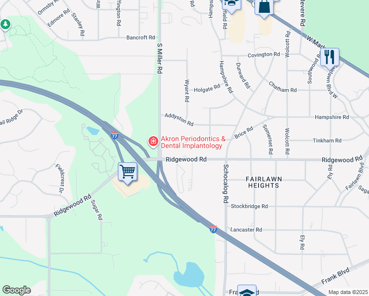 map of restaurants, bars, coffee shops, grocery stores, and more near 2578 Brice Road in Akron