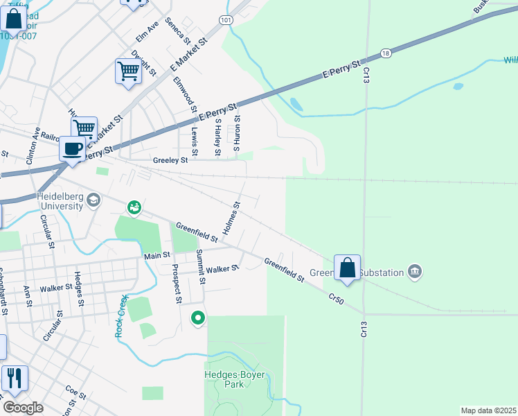 map of restaurants, bars, coffee shops, grocery stores, and more near 2-30 Crayon Street in Tiffin