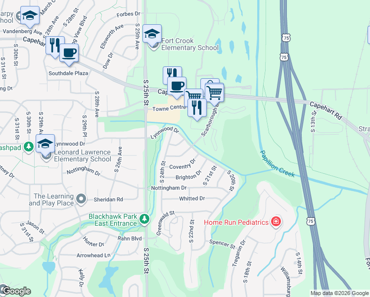 map of restaurants, bars, coffee shops, grocery stores, and more near 2206 Scarborough Drive in Bellevue