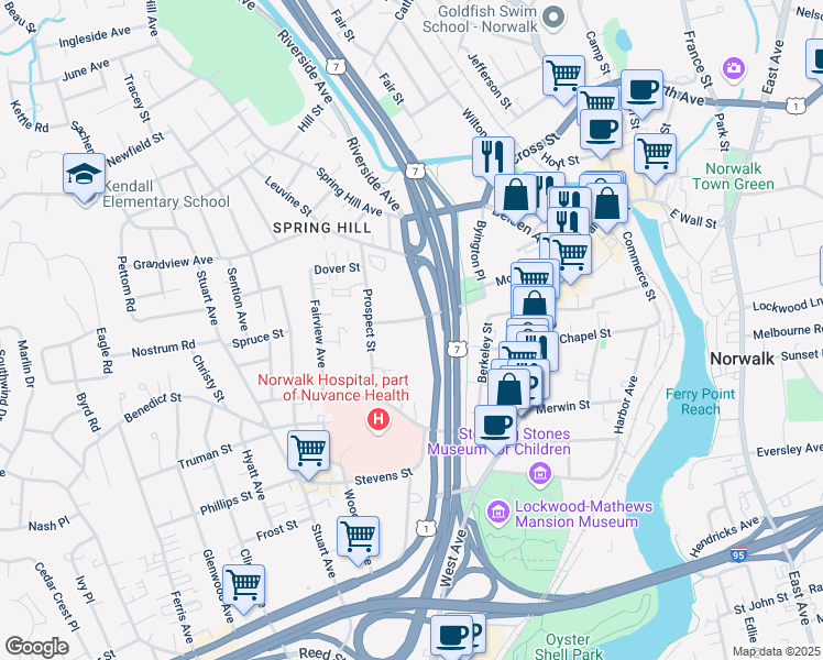 map of restaurants, bars, coffee shops, grocery stores, and more near 14 Bedford Avenue in Norwalk