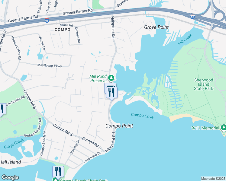 map of restaurants, bars, coffee shops, grocery stores, and more near 203 Hillspoint Road in Westport