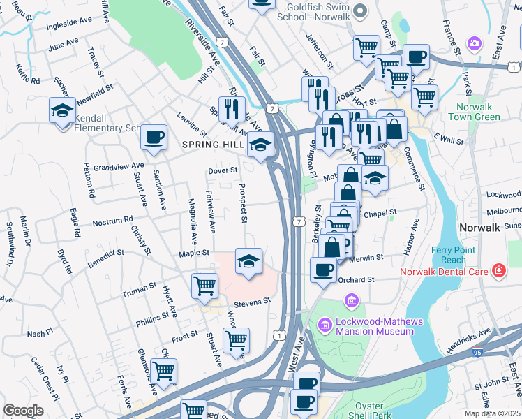 map of restaurants, bars, coffee shops, grocery stores, and more near in Norwalk