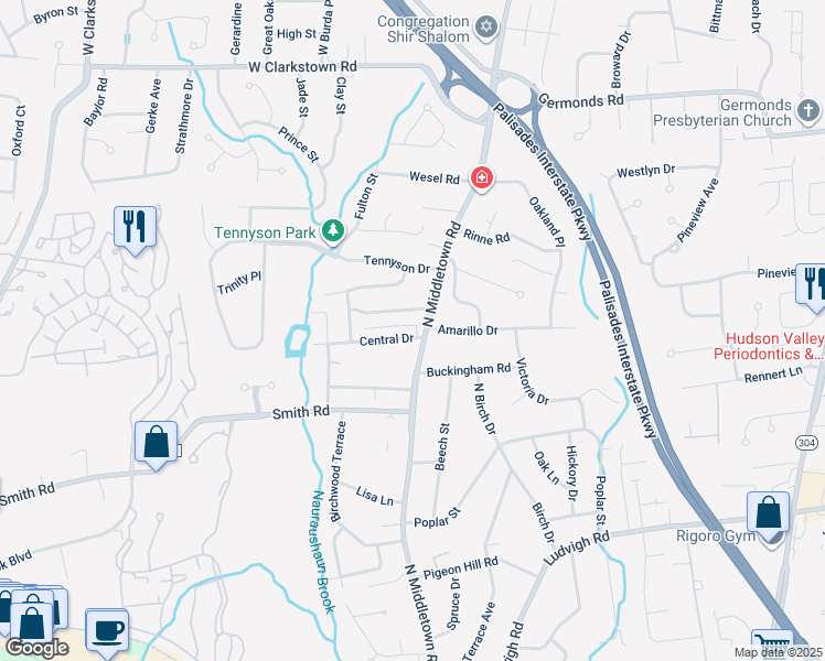 map of restaurants, bars, coffee shops, grocery stores, and more near 14 Lake Shore Drive in Nanuet