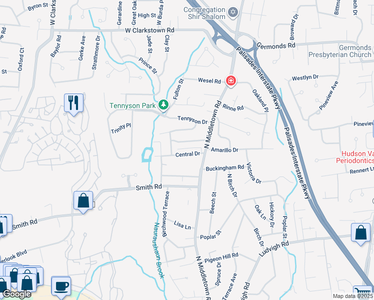 map of restaurants, bars, coffee shops, grocery stores, and more near 14 Lake Shore Drive in Nanuet