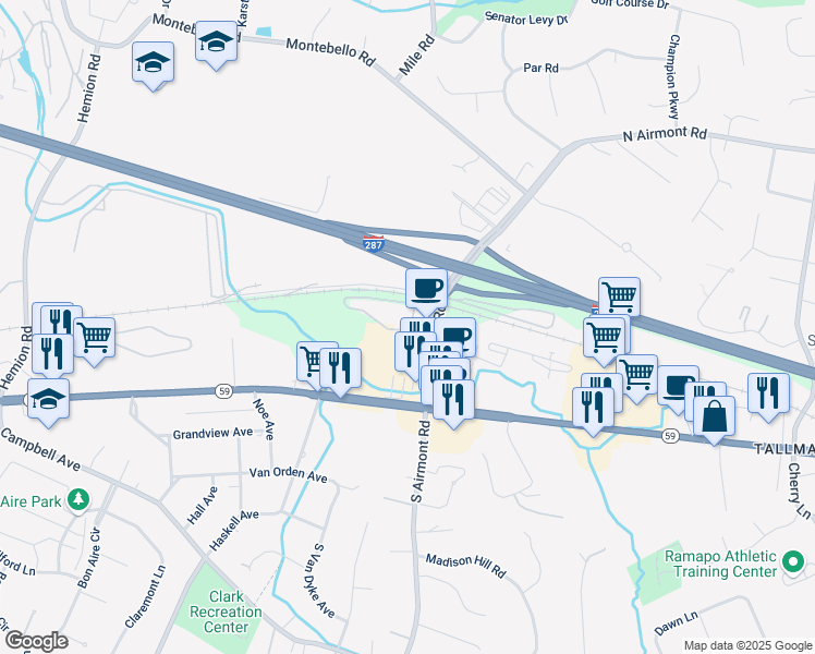 map of restaurants, bars, coffee shops, grocery stores, and more near 32 North De Baun Avenue in Suffern