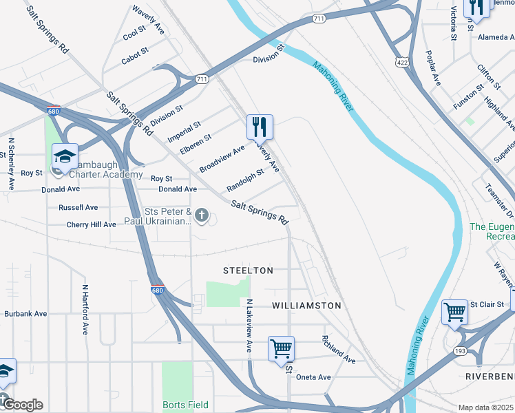 map of restaurants, bars, coffee shops, grocery stores, and more near 345 Bessemer Street in Youngstown