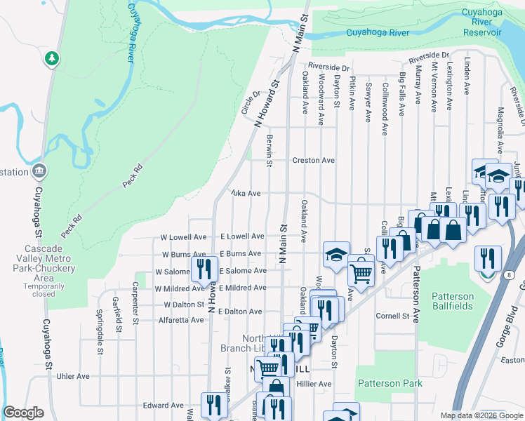 map of restaurants, bars, coffee shops, grocery stores, and more near 1100 Berwin Street in Akron