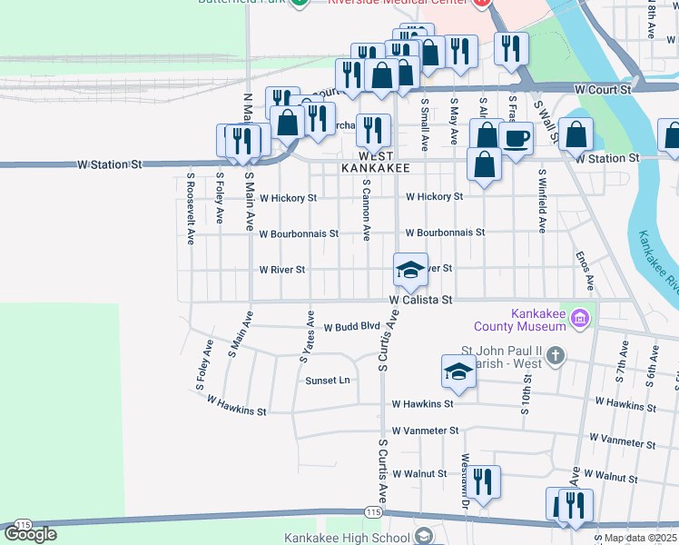 map of restaurants, bars, coffee shops, grocery stores, and more near 580 South Tanner Avenue in Kankakee