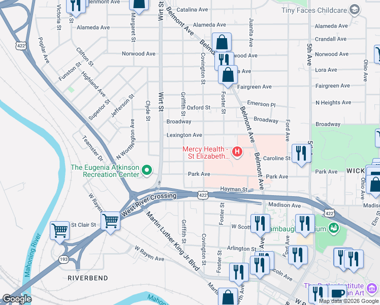 map of restaurants, bars, coffee shops, grocery stores, and more near 716 Parmalee Avenue in Youngstown