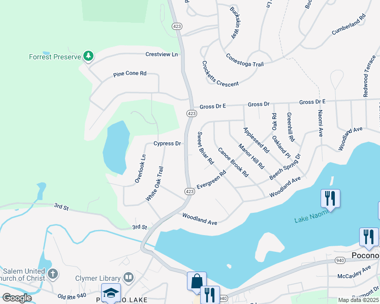 map of restaurants, bars, coffee shops, grocery stores, and more near 300 Pennsylvania 423 in Pocono Pines