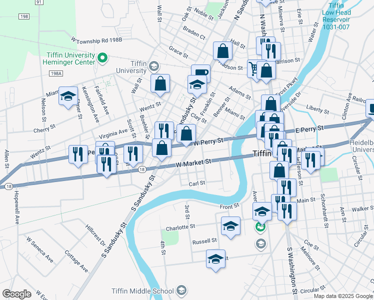 map of restaurants, bars, coffee shops, grocery stores, and more near 250 Benner Street in Tiffin