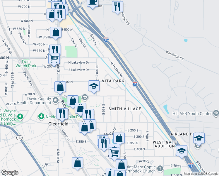 map of restaurants, bars, coffee shops, grocery stores, and more near 70 Sycamore Circle in Clearfield