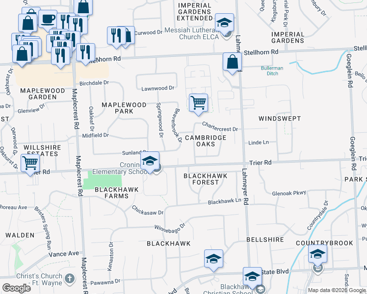 map of restaurants, bars, coffee shops, grocery stores, and more near 3920 Beaverbrook Drive in Fort Wayne