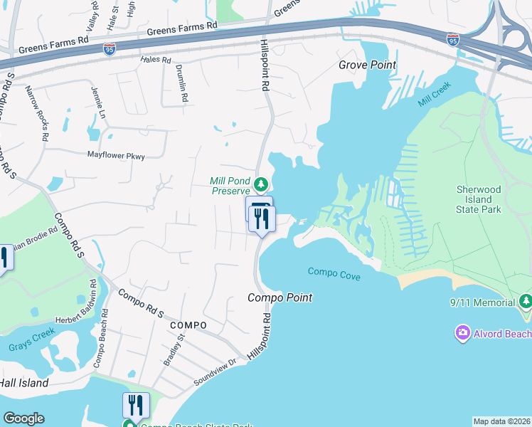 map of restaurants, bars, coffee shops, grocery stores, and more near 205 Hillspoint Road in Westport