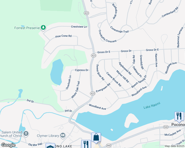 map of restaurants, bars, coffee shops, grocery stores, and more near 300 Pennsylvania 423 in Pocono Pines