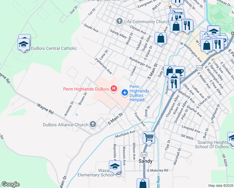 map of restaurants, bars, coffee shops, grocery stores, and more near 100 Hospital Avenue in DuBois