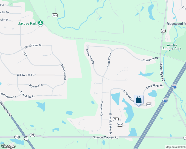 map of restaurants, bars, coffee shops, grocery stores, and more near 5878 Trystin Tree Drive in Medina