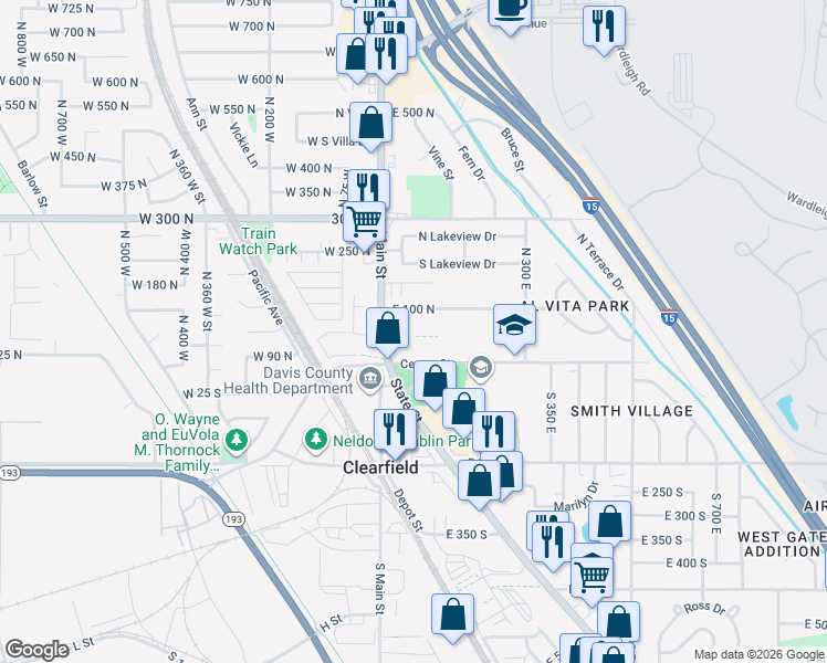 map of restaurants, bars, coffee shops, grocery stores, and more near 80 East 100 North in Clearfield