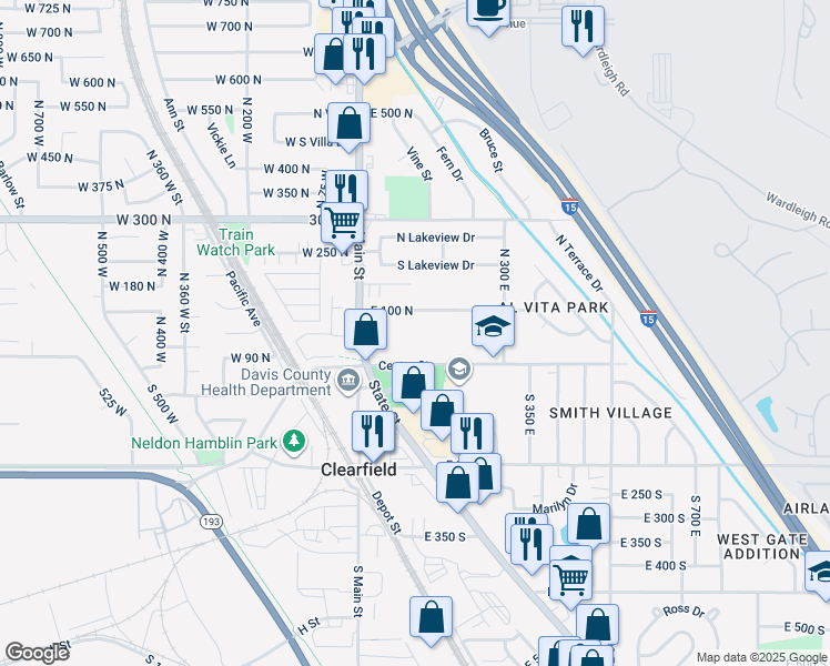 map of restaurants, bars, coffee shops, grocery stores, and more near 111 East Center Street in Clearfield